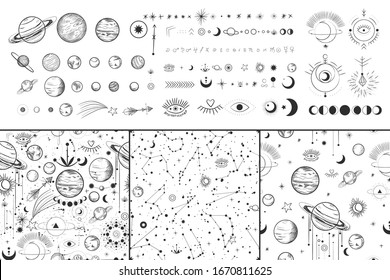 Vector illustration set of moon phases. Different stages of moonlight activity in vintage engraving style. Zodiac Signs