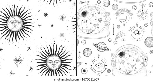 Vector illustration set of moon phases. Different stages of moonlight activity in vintage engraving style. Zodiac Signs