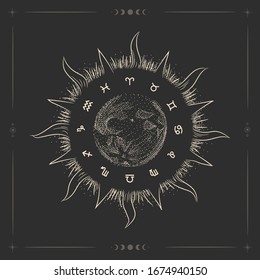 Vector illustration set of moon phases. Different stages of moonlight activity in vintage engraving style. Zodiac Signs
