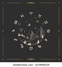 Vector illustration set of moon phases. Different stages of moonlight activity in vintage engraving style. Zodiac Signs