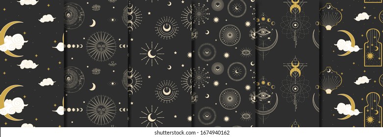 Vector illustration set of moon phases. Different stages of moonlight activity in vintage engraving style. Zodiac Signs