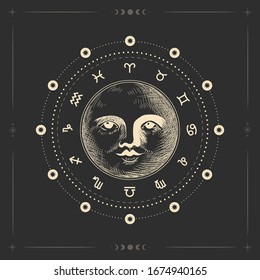 Vector illustration set of moon phases. Different stages of moonlight activity in vintage engraving style. Zodiac Signs