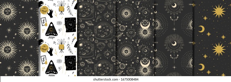 Vector illustration set of moon phases. Different stages of moonlight activity in vintage engraving style. Zodiac Signs