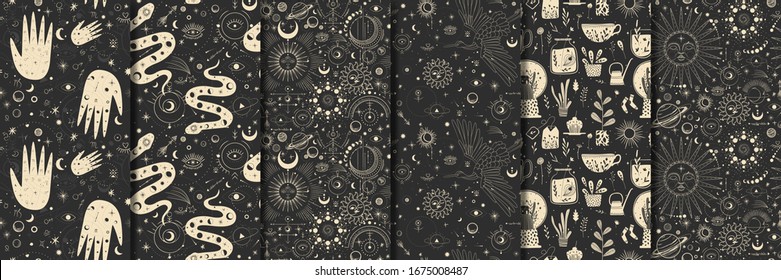 Vector illustration set of moon phases. Different stages of moonlight activity in vintage engraving style. Zodiac Signs