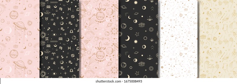 Vector illustration set of moon phases. Different stages of moonlight activity in vintage engraving style. Zodiac Signs