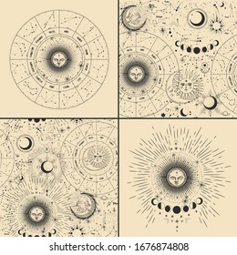 Vector illustration set of moon phases. Different stages of moonlight activity in vintage engraving style. Zodiac Signs