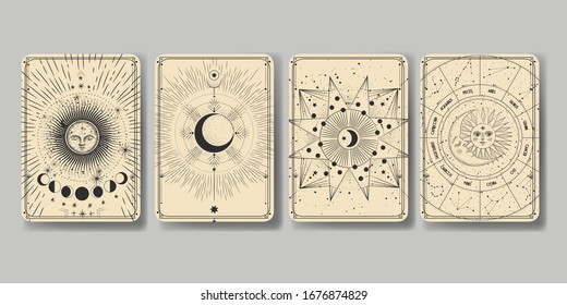 Vector illustration set of moon phases. Different stages of moonlight activity in vintage engraving style. Zodiac Signs