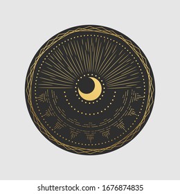 Vector illustration set of moon phases. Different stages of moonlight activity in vintage engraving style. Zodiac Signs