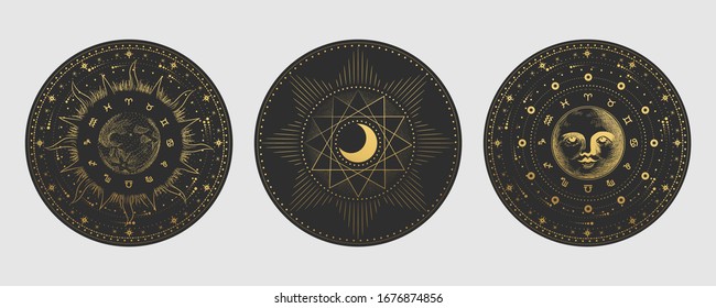 Vector illustration set of moon phases. Different stages of moonlight activity in vintage engraving style. Zodiac Signs