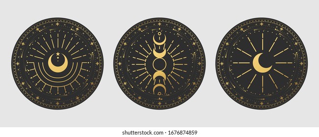 Vector illustration set of moon phases. Different stages of moonlight activity in vintage engraving style. Zodiac Signs