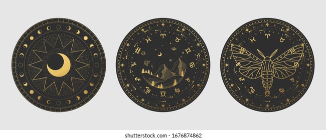 Conjunto de ilustraciones vectoriales de fases lunares. Diferentes etapas de actividad lunar en estilo de grabado vintage. Signos de Zodiaco