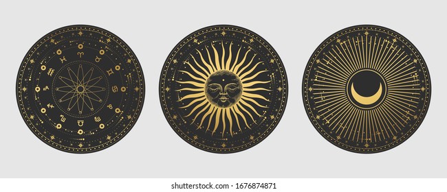 Vector illustration set of moon phases. Different stages of moonlight activity in vintage engraving style. Zodiac Signs