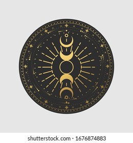 Vector illustration set of moon phases. Different stages of moonlight activity in vintage engraving style. Zodiac Signs