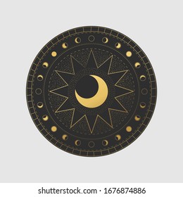 Vector illustration set of moon phases. Different stages of moonlight activity in vintage engraving style. Zodiac Signs