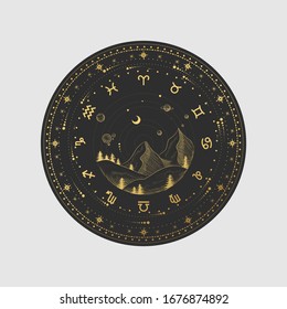 Vector illustration set of moon phases. Different stages of moonlight activity in vintage engraving style. Zodiac Signs