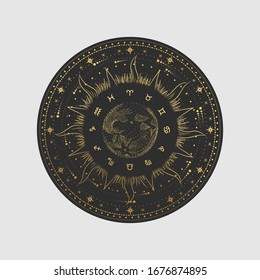 Vector illustration set of moon phases. Different stages of moonlight activity in vintage engraving style. Zodiac Signs