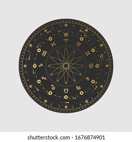 Vector illustration set of moon phases. Different stages of moonlight activity in vintage engraving style. Zodiac Signs