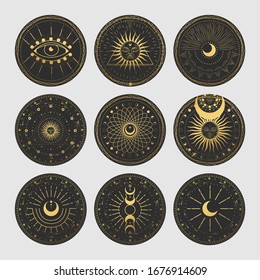 Vector illustration set of moon phases. Different stages of moonlight activity in vintage engraving style. Zodiac Signs