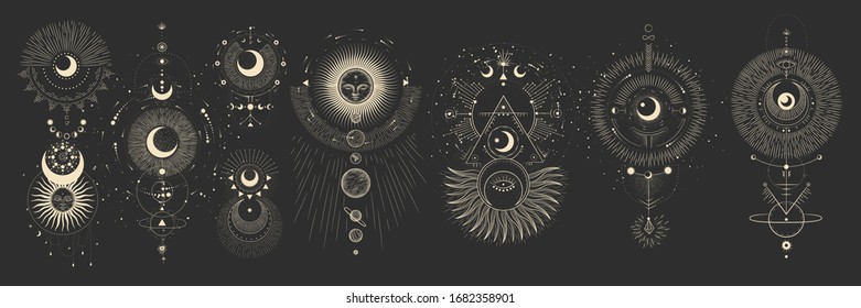 Vector illustration set of moon phases. Different stages of moonlight activity in vintage engraving style. Zodiac Signs