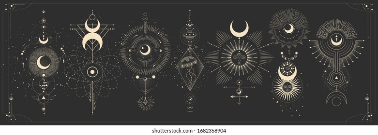 Vector illustration set of moon phases. Different stages of moonlight activity in vintage engraving style. Zodiac Signs