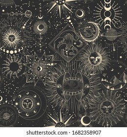 Vector illustration set of moon phases. Different stages of moonlight activity in vintage engraving style. Zodiac Signs