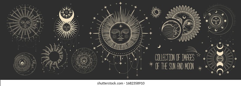 Vector illustration set of moon phases. Different stages of moonlight activity in vintage engraving style. Zodiac Signs