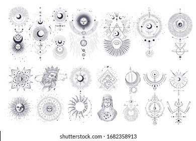 Vector illustration set of moon phases. Different stages of moonlight activity in vintage engraving style. Zodiac Signs