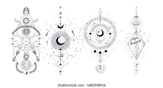 Vector illustration set of moon phases. Different stages of moonlight activity in vintage engraving style. Zodiac Signs