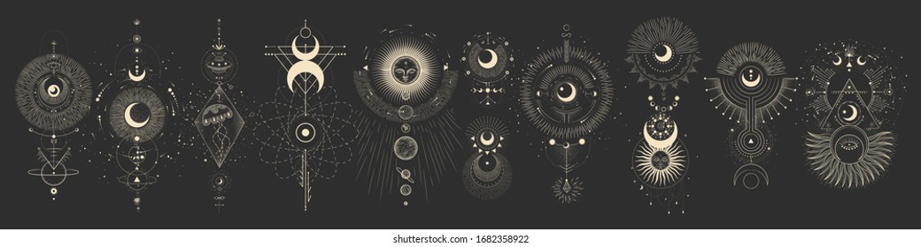 Vector illustration set of moon phases. Different stages of moonlight activity in vintage engraving style. Zodiac Signs