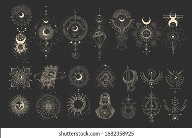 Vector illustration set of moon phases. Different stages of moonlight activity in vintage engraving style. Zodiac Signs