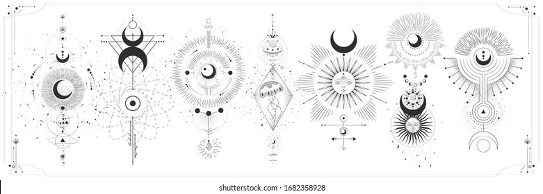 Conjunto de ilustraciones vectoriales de fases lunares. Diferentes etapas de actividad lunar en estilo de grabado vintage. Signos de Zodiaco