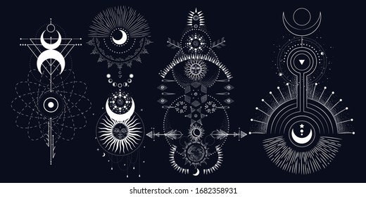 Vector illustration set of moon phases. Different stages of moonlight activity in vintage engraving style. Zodiac Signs