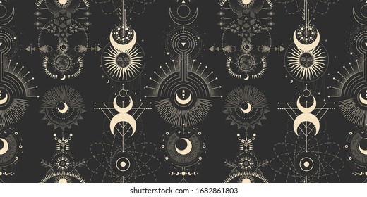 Vector illustration set of moon phases. Different stages of moonlight activity in vintage engraving style. Zodiac Signs