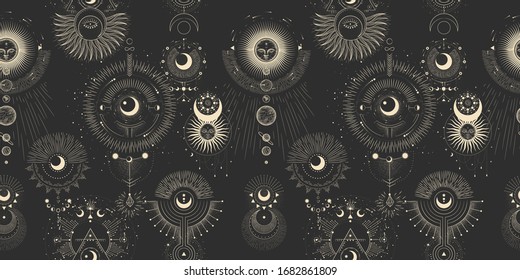 Vector illustration set of moon phases. Different stages of moonlight activity in vintage engraving style. Zodiac Signs