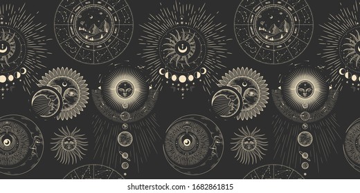 Vector illustration set of moon phases. Different stages of moonlight activity in vintage engraving style. Zodiac Signs