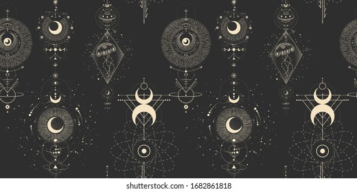 Vector illustration set of moon phases. Different stages of moonlight activity in vintage engraving style. Zodiac Signs