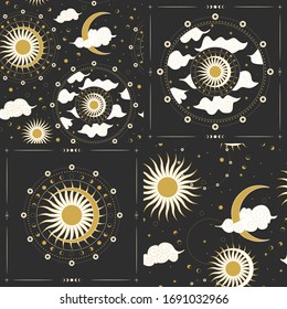 Vector illustration set of moon phases. Different stages of moonlight activity in vintage engraving style. Zodiac Signs