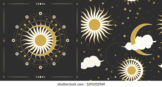 Vector illustration set of moon phases. Different stages of moonlight activity in vintage engraving style. Zodiac Signs