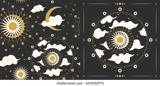 Vector illustration set of moon phases. Different stages of moonlight activity in vintage engraving style. Zodiac Signs