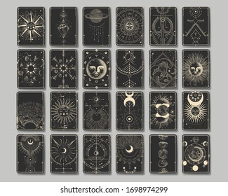 Vector illustration set of moon phases. Different stages of moonlight activity in vintage engraving style. Zodiac Signs