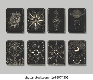 Vector illustration set of moon phases. Different stages of moonlight activity in vintage engraving style. Zodiac Signs