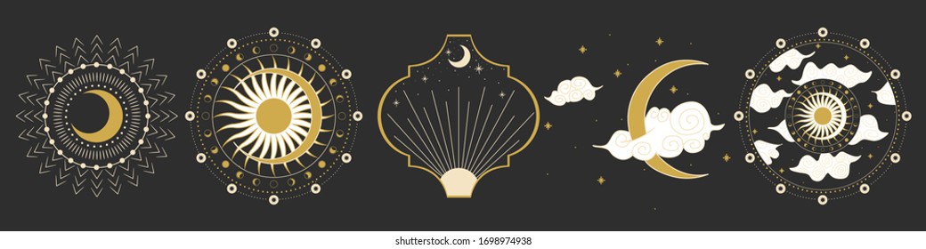 Vector illustration set of moon phases. Different stages of moonlight activity in vintage engraving style. Zodiac Signs