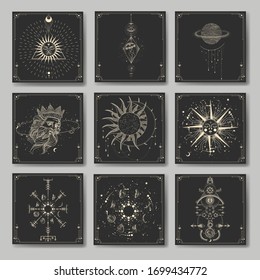 Vektorillustration-Illustrationssatz der Mondphasen. Unterschiedliche Stufen der Mondlicht-Aktivität im Vintage Gravierstil. Zodiac-Zeichen