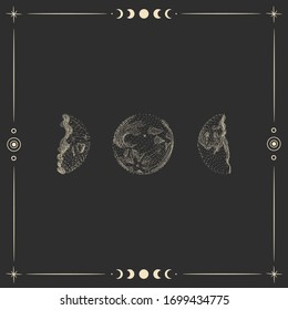 Vector illustration set of moon phases. Different stages of moonlight activity in vintage engraving style. Zodiac Signs