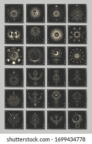 Vector illustration set of moon phases. Different stages of moonlight activity in vintage engraving style. Zodiac Signs