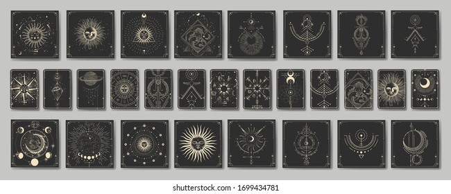 Vector illustration set of moon phases. Different stages of moonlight activity in vintage engraving style. Zodiac Signs