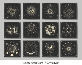 Vector illustration set of moon phases. Different stages of moonlight activity in vintage engraving style. Zodiac Signs