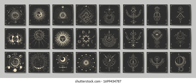 Vector illustration set of moon phases. Different stages of moonlight activity in vintage engraving style. Zodiac Signs