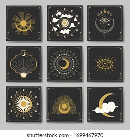 Vector illustration set of moon phases. Different stages of moonlight activity in vintage engraving style. Zodiac Signs