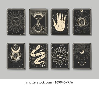 Vector illustration set of moon phases. Different stages of moonlight activity in vintage engraving style. Zodiac Signs